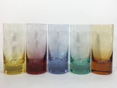 Set of 5 etched fish glasses, each signed Moser: Set of 5 hand engraved fish design glasses, each acid etched signed Moser.7"high each.