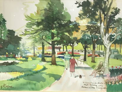 WC of park by Dong Kingman(Chinese/Amer 20th): Watercolor of park by Dong Kingman(Chinese/Amer 20th).21.5"x 14.5".Inscribed to Leo Jaffe and Anita Jaffe.(From the NY Times)"In a world where executives often move from one studio to another, Mr.