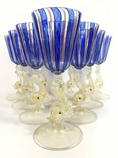 Set of 10 Venini fish goblets by Salviati, c.1900: Set of 10 Venini fish goblets by Salviati, c.1900.Each goblet is 8"high.A few nicks on the fish fins, of very tiny minor size.