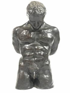 Bronze of sex slave by John Bray(20th century): Bronze of sex slave by John Bray(20th century). Height 8 1/2".Apparently one of the few if not the only bronze artist John Bray did, he is usually a painter.Depicting a bound muscular man with his