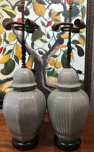 Pair of celadon Chinese lamps, c.1945: Pair of celadon Chinese lamps, c.1945, Lamp only is 18.5" high, total height is 33.5".