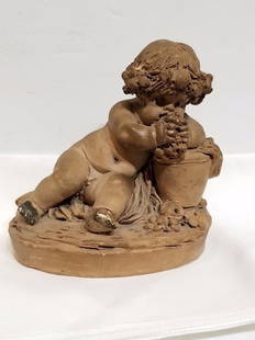 Terracotta putti, clutching grapes, 19th century: Terracotta putti, clutching grapes, 19th century. 5"x 5".