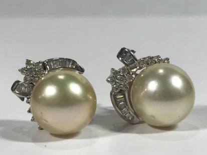 Diamond earrings, 13mm pearls, 7.5 dwts: Diamond earrings, 13mm pearls, 7.5 dwts.The 13mm cultured pearls having a gold color and with numerous small diamonds in the mountings.14k white gold mountings.