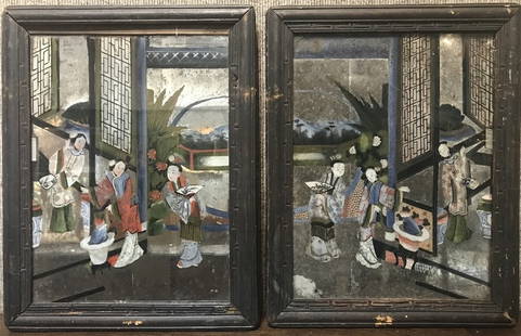 One pair of 19th century Chinese reverse ptg glass: One pair of 19th century Chinese reverse ptg glass. Painting: 11"x 15" in a frame 14.5"x 18".