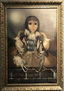 Macabre ptg of girl with puppets, signed Kirk(20th cen): Macabre painting of girl with puppets, by Kirk, (American 20th century). Painting: 23.5"x 35.5" in a frame 29"x 41".Estate of Giguere, 31 West 12th street, Greenwich Village,NYC.