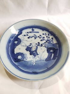 Chinese blue & white dish, w/man in woods, 19th c: Chinese blue & white dish, w/man in woods, 19th c. 8"x 8".