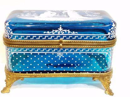 Glass dresser box with exotic detail, c.1880: Glass dresser box with exotic detail, c.1880. 5"x 7".The figure on the left depicts the old style Victorian image of a Chinese gentleman, with whiskers.The figure on the right is an elegant Victorian