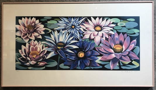 Large signed print of flowers by Lowell Nesbitt: Large signed print of flowers by Lowell Nesbitt. Print: 34"x 15" in a frame 41.5"x 23.5".