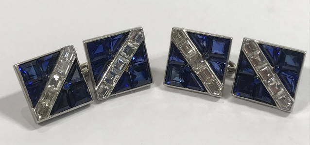 French plat dia, invis set sapphire cuffs, c.1925,