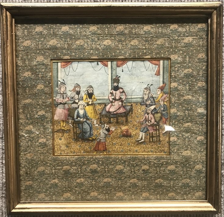 Persian watercolor, Prince with attendants, c.1900: Persian watercolor, Prince with attendants, c.1900. Watercolor: 5.5"x 4.5" in a frame 10"x 10".Estate of Arthur Hans Otto Liebermann, and collection of Laura Stewart by descent,Hannacroix and Hudson,N