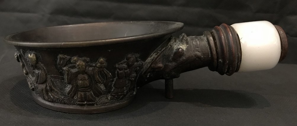Chinese burner with white jade handle: Chinese burner with white jade handle. 7"x 4.5".