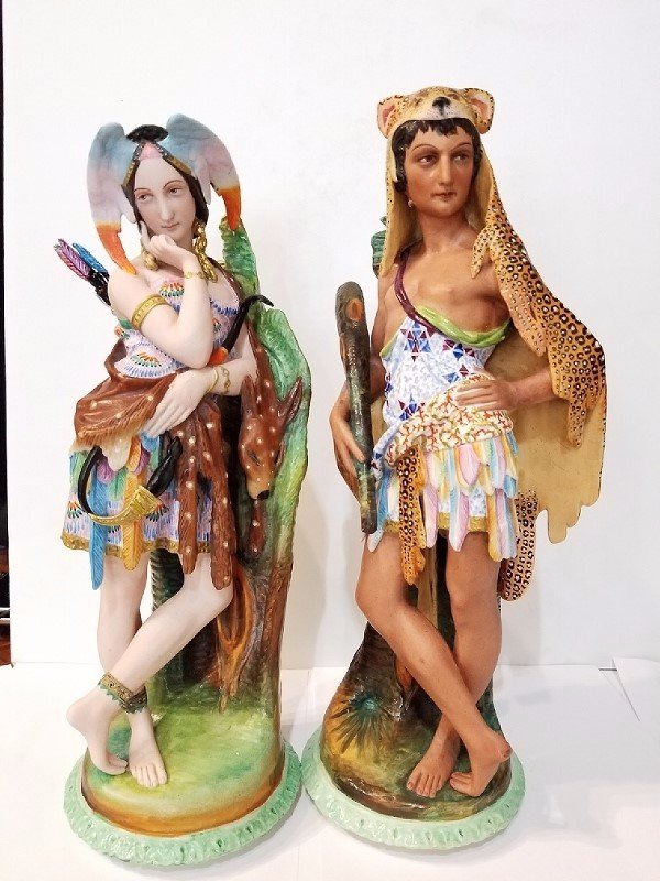 Bisque figures of savages, c.1850, "New World": Bisque figures of savages, c.1850, representing the "New World". Larger figure: 6.5"x 15".