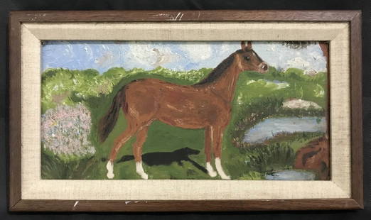 Folk art painting of a horse by M & C Mann, c.1900: Folk art painting of a horse by M & C Mann, c.1900. Painting: 11.5"x 5.5" in a frame 14"x 8".