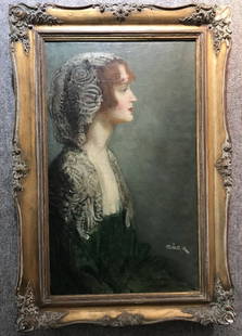 Painting of a woman by Lajos Mark(Hungarian), c.1925: Oil on canvas painting of a woman by Lajos(Louis) Mark(Hungarian), c.1925. Painting: 18.5"x 30.5" in a frame 26"x 38".Lajos(Louis) Mark studied at the Julian Academy in Paris and in Budapest, and his