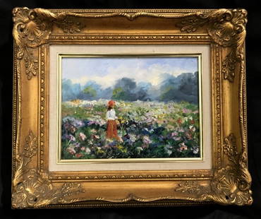 Painting of woman in field by Kertesz, original receipt: Painting of a woman in a field by Kertesz, original gallery receipt. Painting: 11"x 8.5" in a frame 19.5"x 15".