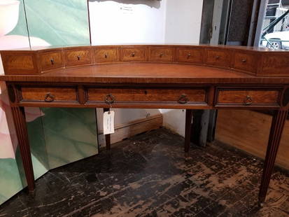 Horseshoe shaped wood and leather desk, c.1960: Horseshoe shaped wood and leather desk, c.1960. 25"x 57"x 35".