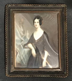 Miniature painting of lady, 19th century: Miniature painting of lady, 19th century. Painting: 2.5"x 3.25" in a frame 3.5"x 4.25".