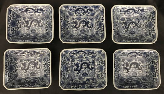 Six Chinese blue and white dragon small bowls: Six Chinese blue and white dragon small bowls. 5.5" dia and 2" high each.From the Estate of Richard Fenn, NYC.