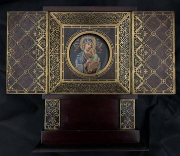 Porc plaque altar-Greek, c.1900, Erhard & Sohne: Porcelain plaque icon altar,Greek or Russian,or possibly Austrian or German. Circa 1900. 3.5"x 9"x 12". The plaque is 3.5" in diameter. The circular plaque depicting Our Lady of Perpetual Sorrow.The