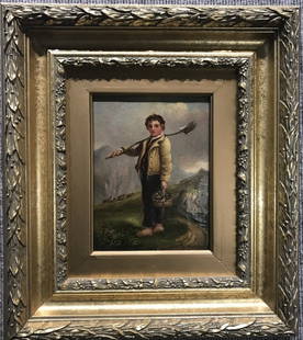 Painting of boy with shovel signed:"Peterson",c.1900: Painting of boy with shovel signed:"Peterson",c.1900. Painting: 6"x 7.5" in a frame 14.5"x 16.5".From the Estate of Anita Jaffe, wife of Leo Jaffe who ran Columbia Pictures, the motion picture