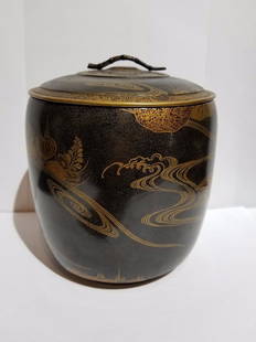 Japanese covered lacquer box, c.1900: Japanese covered lacquer box, circa 1900. 5.5"x 6.5".The handle on top of this lid is metal, possibly silver.