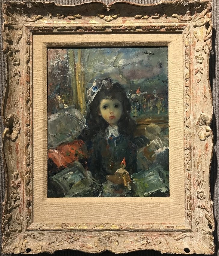Painting of a "Party Girl" by Jean Calogero: Painting of a "Party Girl" by Jean Calogero. 12" x 15",in a frame 24.5" x 27.5".Estate of Anne Rubin Klein, NYC.