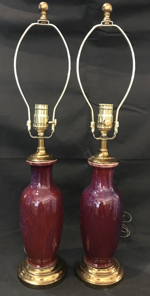 Pair of Sang de Boeuf lamps: Pair of Sang de Boeuf lamps. 4.75"x 24" each.