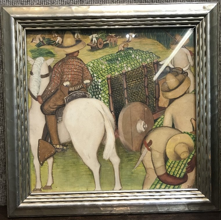 Gouache of field workers by Juan De Prey, c.1930: Gouache of field workers by Juan De Prey(Puerto Rican, 1904-1962), c.1930. Gouache: 13" x 14", in a frame 17" x 18". A beautiful and complex work by the artist showing field workers gathering cane sug