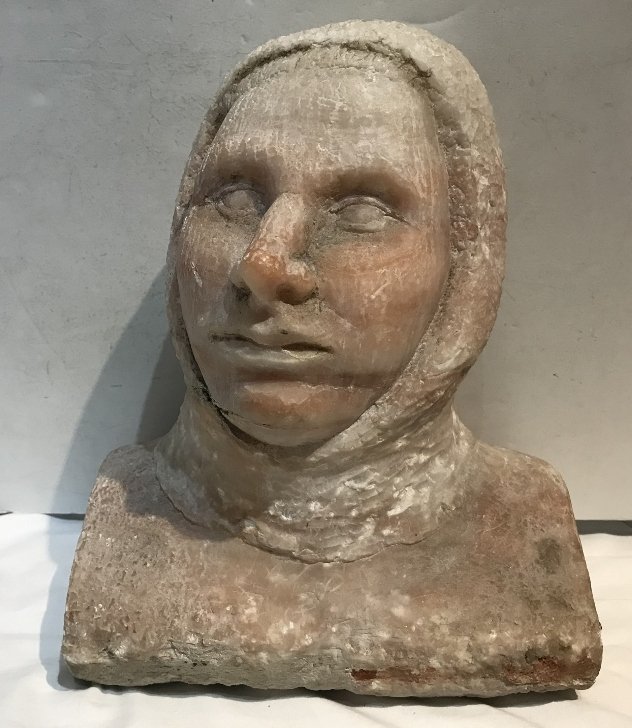 Stone sculpture of medieval knight of the 12th cen or..: Stone sculpture of medieval knight of the 12th century or possibly a shrouded woman. 6"x 9"x 11.5".Unsigned.