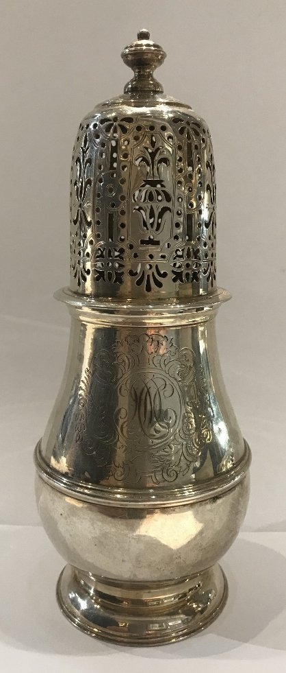 Silver sugar caster by John Marshall Spink, 1908: Silver sugar caster by John Marshall Spink, Britannia mark.Dated 1908. 6.8 t.oz. Height 6 1/2".Coat of arms engraving.