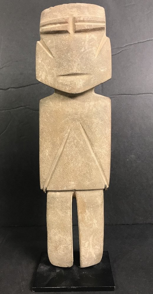 Carved stone figure, Hunt Fine Arts: Carved stone figure, Hunt Fine Arts, possibly PreColumbian.Possibly Mezcala. Height 13".From the Estate of Tim Hunt, Andy Warhol friend and sometimes business partner,who owned and operated Hunt Fine 