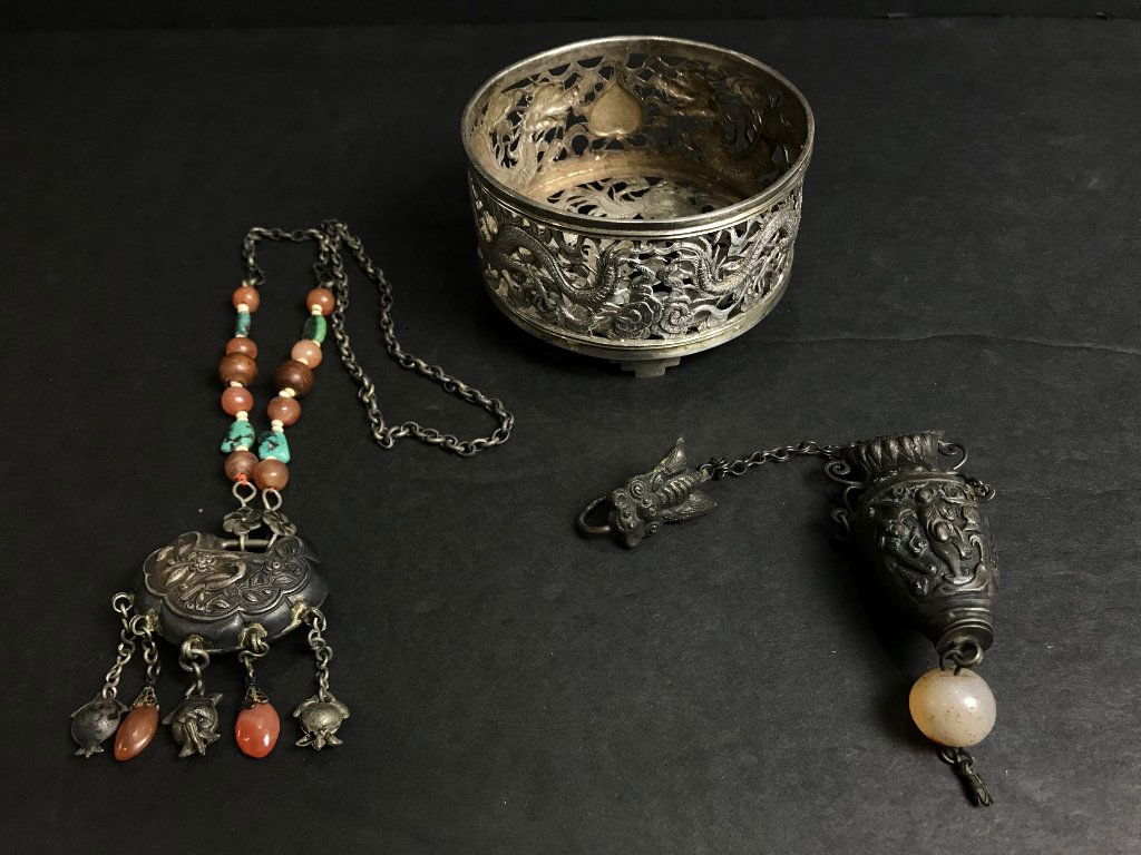 Chinese silver wine coaster and jewelry, 6.8 t. oz: Chinese silver wine coaster and jewelry, 6.8 t. oz