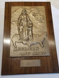 Red Cross bronze plaque by Malvina Hoffman: Red Cross bronze plaque by Malvina Hoffman. Bronze plaque: 10"x 15" with wood backing: 14"x 21".(From the Field Museum website):"Born on June 15, 1885 in Brooklyn, Hoffman grew up in an artistic