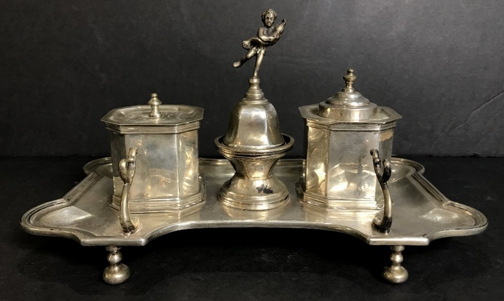 800 silver inkstand w/ angel bell, 29.9 t. oz (1 of 9)