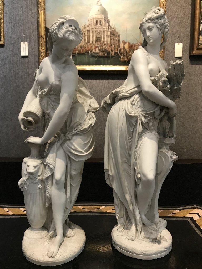 Pair of Blanc de Chine Minton classical figures, c.1900: Pair of Blanc de Chine Minton classical figures, c.1900.Possible old restoration over 10% to 15% of the surface indicated by small areas of discoloration, yellowing, etc, but also possible that parts 