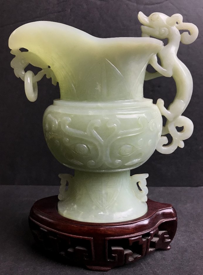 Chinese hardstone archaic gong(wine vessel), c 1965: Chinese hardstone archaic style gong(wine vessel), circa 1965. stone H 5 1/2", base H 1 1/2", total H 7".