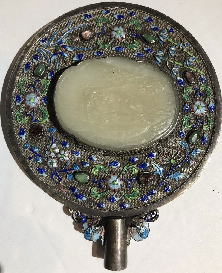Chinese silver mirror with jade, tourmaline, c.1900: Chinese silver mirror with jade, tourmaline, c.1900, missing handle. Diameter 5 1/8", total height 6 1/2".