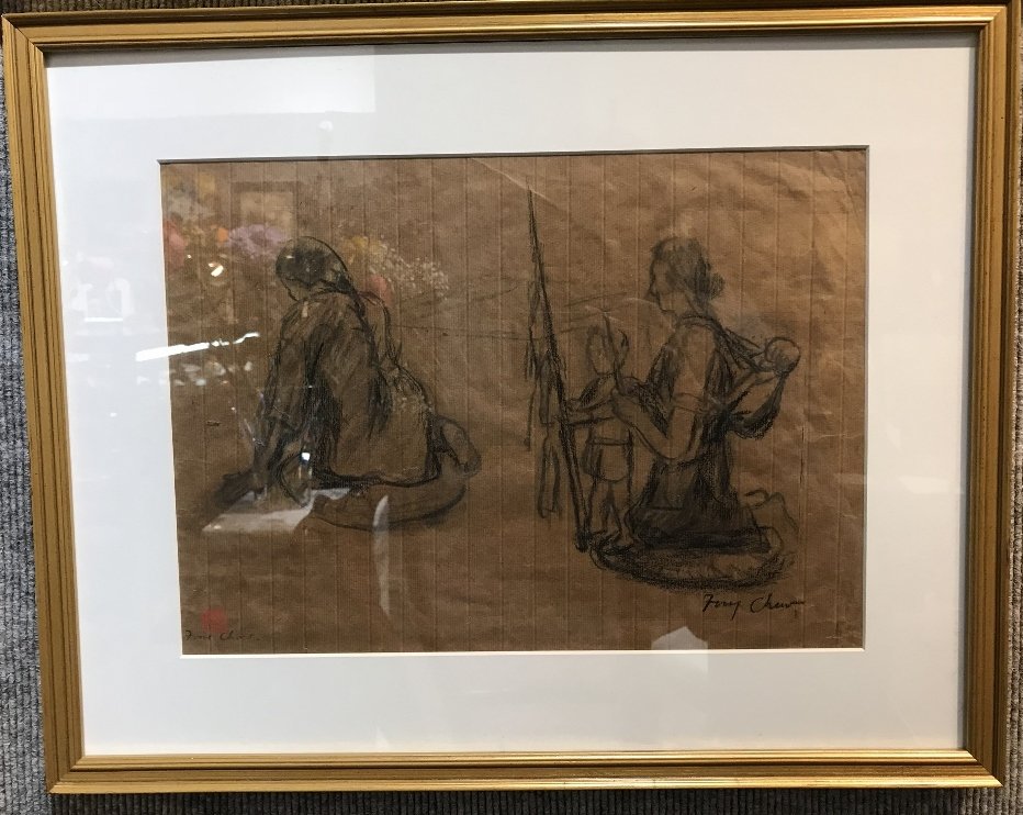 Drawing of two Chinese women by Fong Chow: Drawing of two Chinese women by Fong Chow.Estate of Fong Chow.16" x 20".