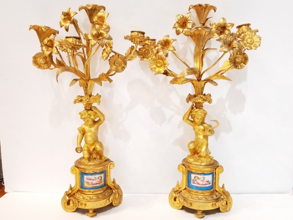 Pair of gilt bronze cherub candle holders w/porc (1 of 7)