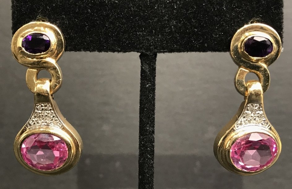 14k amethyst, pink sapphire diamond earrings: 14k amethyst, pink sapphire diamond earrings, 10.2 dwts.Originally thought to be a pink topaz, tests concluded the pink stones in these earrings are pink sapphires.There are 9 round VS1 G color .02ct 