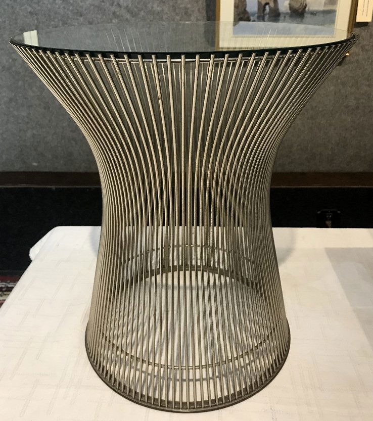 Warren Platner design modern table, metal, glass, c1950: Warren Platner design modern table, metal and glass, circa 1950. H 18" x D 15.5".
