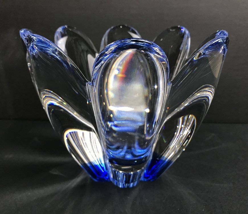 Blue Orrefors flower bowl, c.1975: Blue Orrefors flower bowl, c.1975. H 5" x 7".