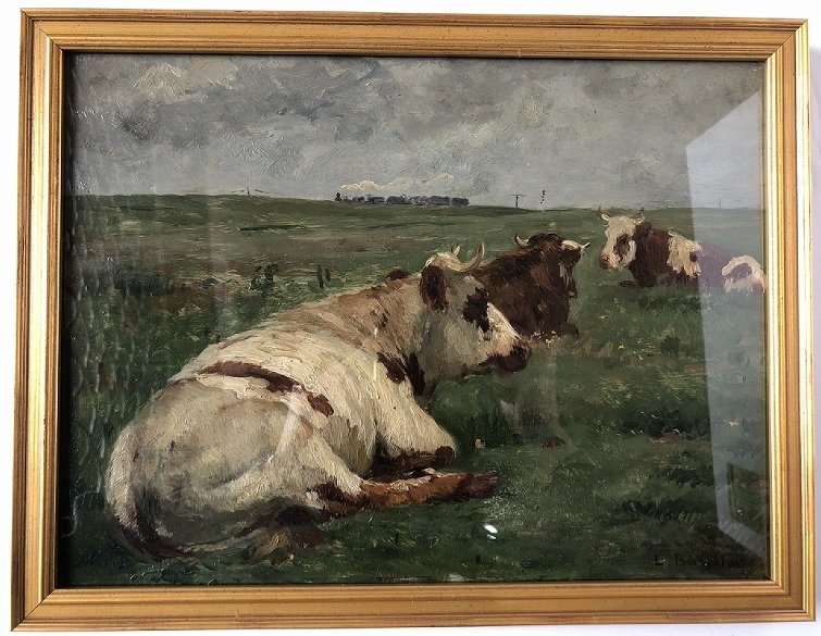 Impressionist ptg of cows & train, Leon Barillot,c.1885: Impressive Impressionist painting of cows grazing in a field with a train in the distance with smoke coming out of the front of the train,by French artist Leon Barillot.The lifelike capturing of the c