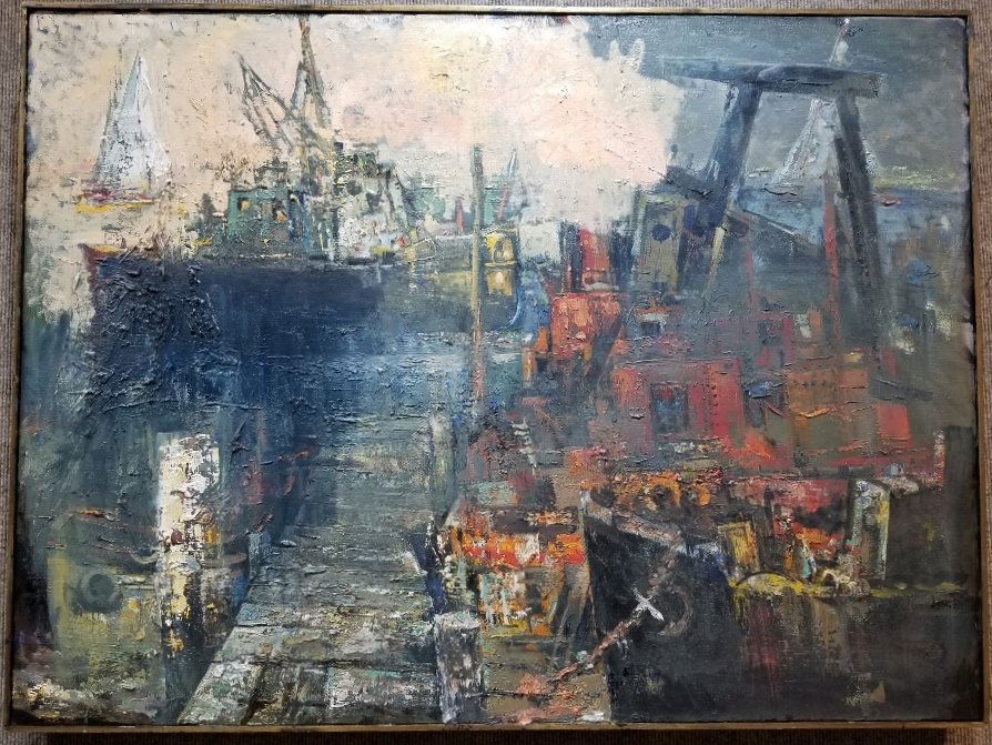 Ptg of wharf by Xavier Gonzalez. titled:"Wellfleet" sgd (1 of 6)
