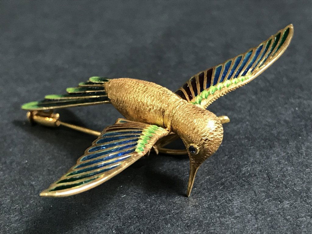 Plique a jour brooch of hummingbird, 18k (1 of 10)