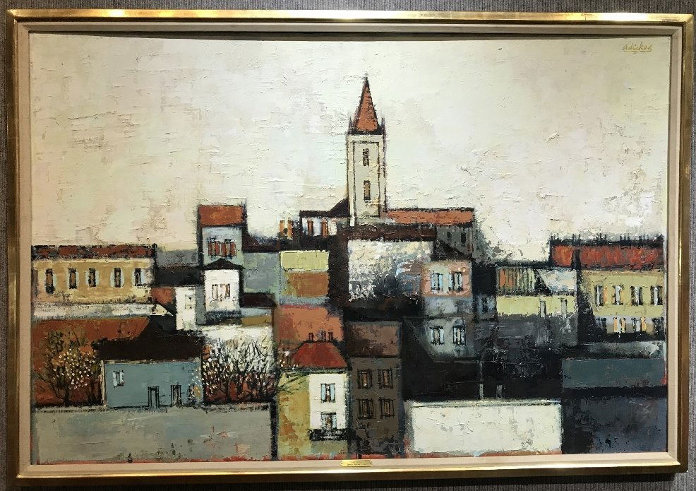 Painting of Village Church by David Adickes: Ptg of Village Church by David Adickes.59" x 39" in a frame 43" x 63".Oil on board.///////////////////////////////////////////////////////////////////////////////////////From Tiannahall.com):"David Ad
