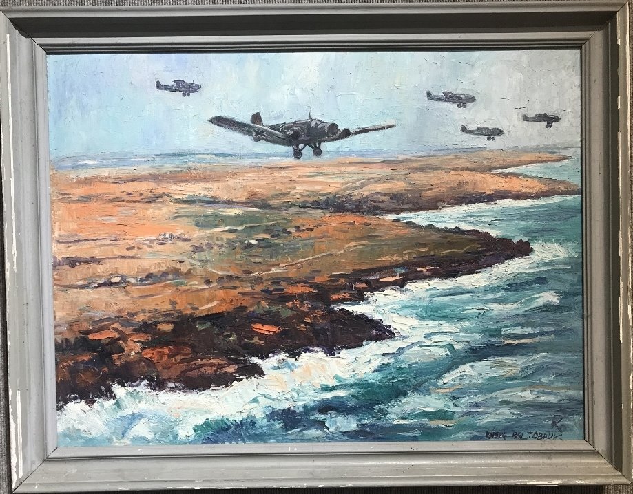 Painting of WW2 by Karl Dorrfuss, "Invasion of Tobruk": Oil painting on board of WW2 by Karl Dorrfuss(German 20th century), "Invasion of Tobruk".Painting is 31" x 23" in a frame 35.5" x 27.5".Signed on the back of the masonite board:"Karl Dorrfuss".Inscrib