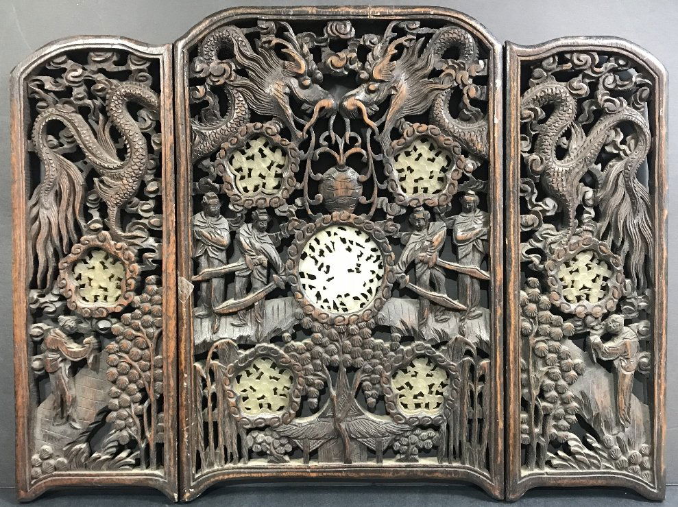 Chinese wood screen with hardstone carvings, c.1950 (1 of 10)