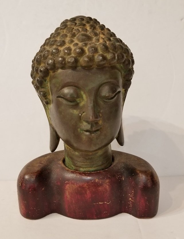 Chinese bronze buddha head, wood base (1 of 7)