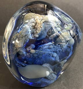 Blown glass paperweight by Milropa Studios, 1980: Blown glass paperweight by Milropa Studios, signed "Milropa 1980". There are dolphins inside, swimming amongst the rocks. Amazing!. From the Estate of Leo Kaplan, a world famous glass dealer in NYC